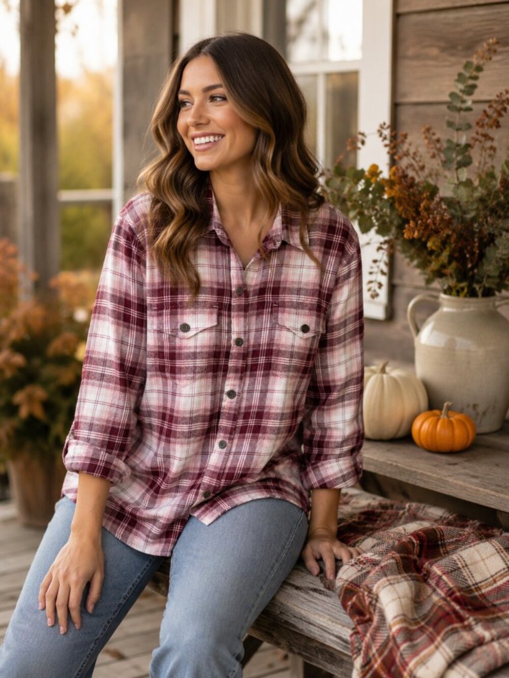Tilley Women's Burgundy Plaid Button-Up Shirt L Cabincore Nature Girl Utility